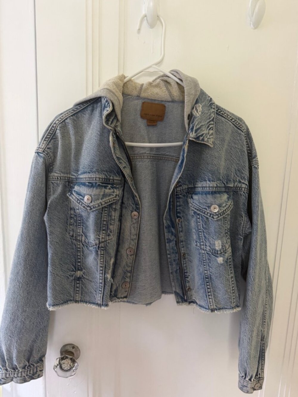 American Eagle Hooded Cropped Denim Jacket Distressed Size S